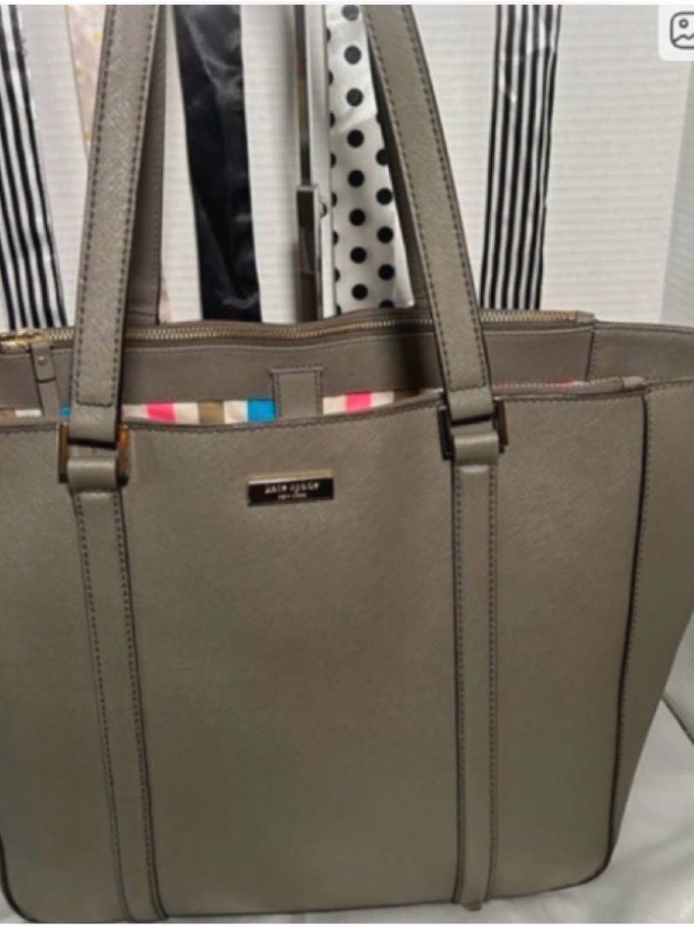 kate spade taupe Saffiano leather tote with striped trim